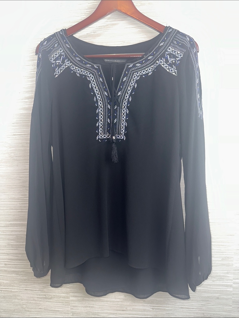White House Black Market size 10 Black Embroidered Tunic with Tassel tie
